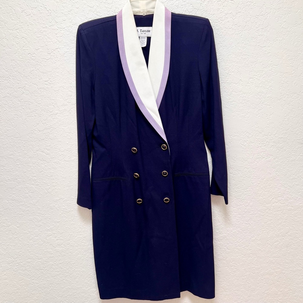 Vintage J. Taylor Navy Blue Blazer Dress Shawl Collar Double Breasted Size 14